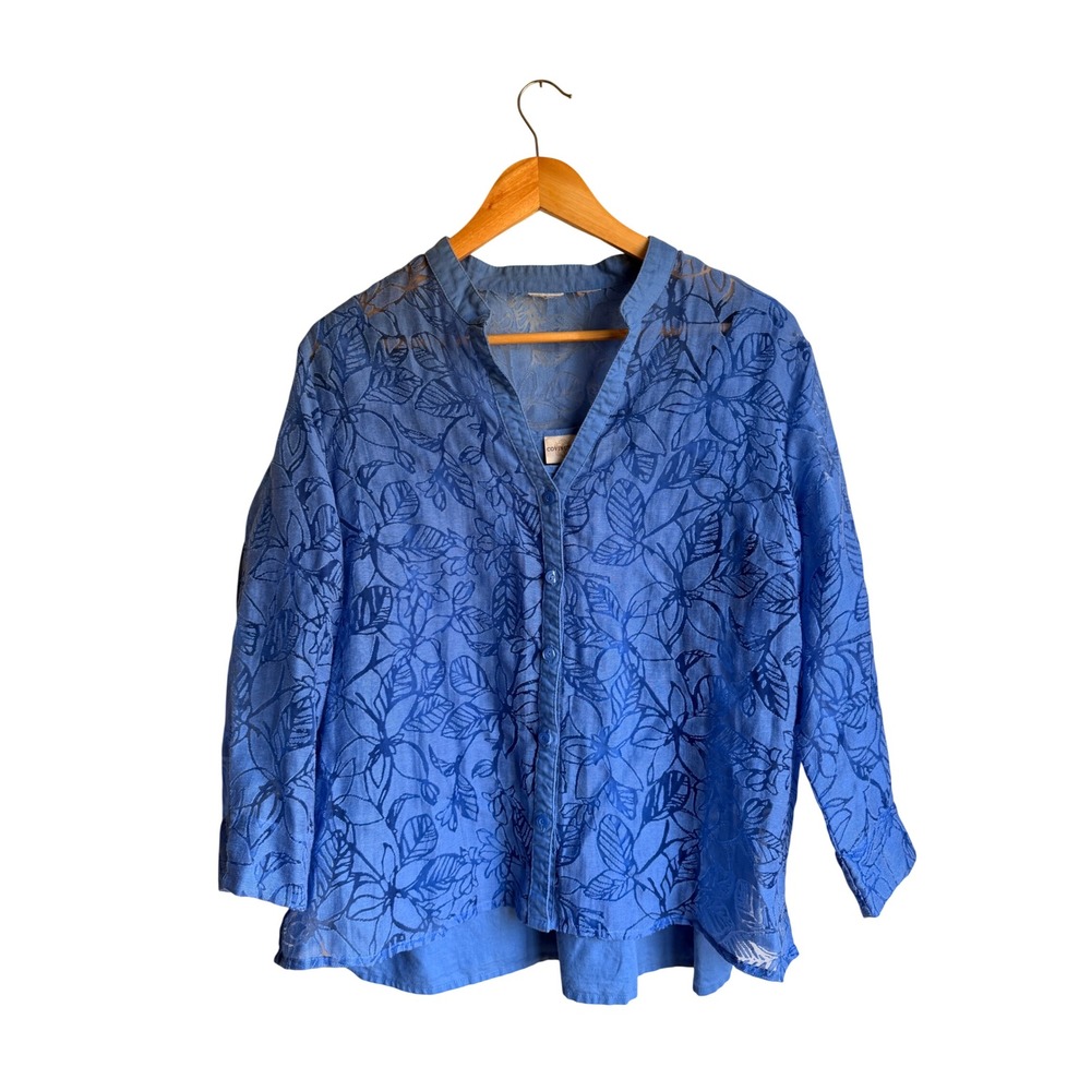 Covington Blue Linen Blend 2 Piece Set Burnout Floral Blouse & Tank XL